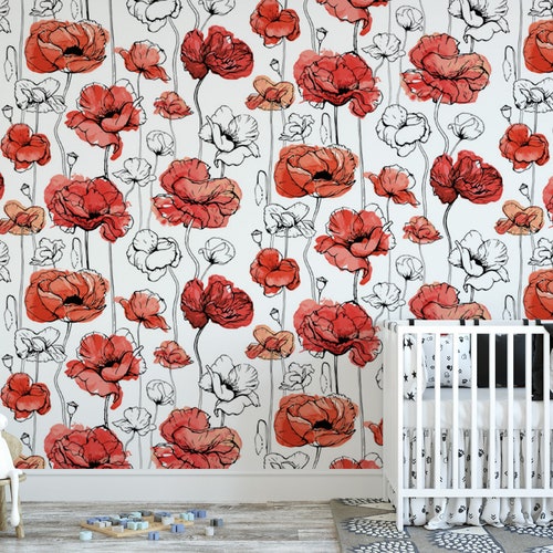 Red Poppies Peel and Stick Wallpaper wall Paper Removable Etsy