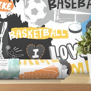 Sport Slogans Basketball Hockey Soccer Football, Removable Wallpaper, Peel and Stick Wallpaper, Sports Wallpaper, Kids Room, Nursery, MW1449