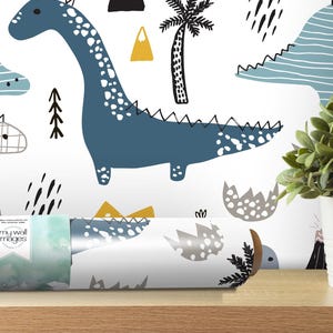 Cute Dinosaurs and Volcanoes, Removable Wallpaper, Wall Art, Peel and Stick Wallpaper, Kids Room Decor, Modern Nursery, Boys Room, MW1130