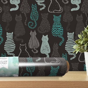 Textured Cats, Mod Kittens, Removable Wallpaper, Cat Mural, Cat Decor, Accent Wall, Black Turquoise, Accent Wall, Cat Lover Decor, MW1804