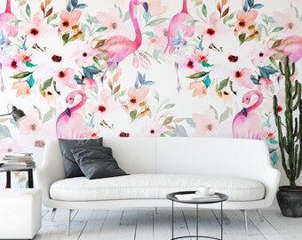 Watercolor Floral Flamingo Removable Wallpaper, Wall Art, Peel and Stick Wallpaper,  Mural, Nursery, Room Decor, Accent Wall, MW1064