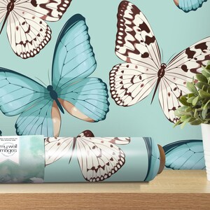 Turquoise and White Butterflies, Removable Wallpaper, Wall Art, Peel and Stick Wallpaper, Room Decor, Teen Decor, Girls Wallpaper, MW1329