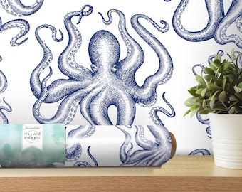 Blue Octopus Wallpaper | Peel and Stick Ocean Mural | Nautical Decor (MW1479)