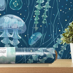 Giant Jellyfish Blues Removable Wallpaper, Art, Peel and Stick Wallpaper, Mural, Room Decor, Accent Wall, Ocean Wallpaper, Sea Decor, MW1857