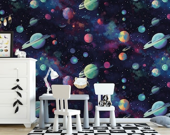 Outer Space Planets Peel and Stick Wallpaper | Boys Room Night Sky Removable Mural (MW1951)