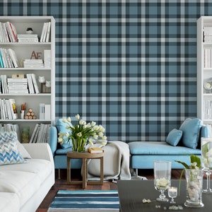 Blue Plaid Removable Wallpaper, Wall Art, Peel and Stick Wallpaper, Mural, Nursery, Room Decor, Accent Wall, MW1225 image 2