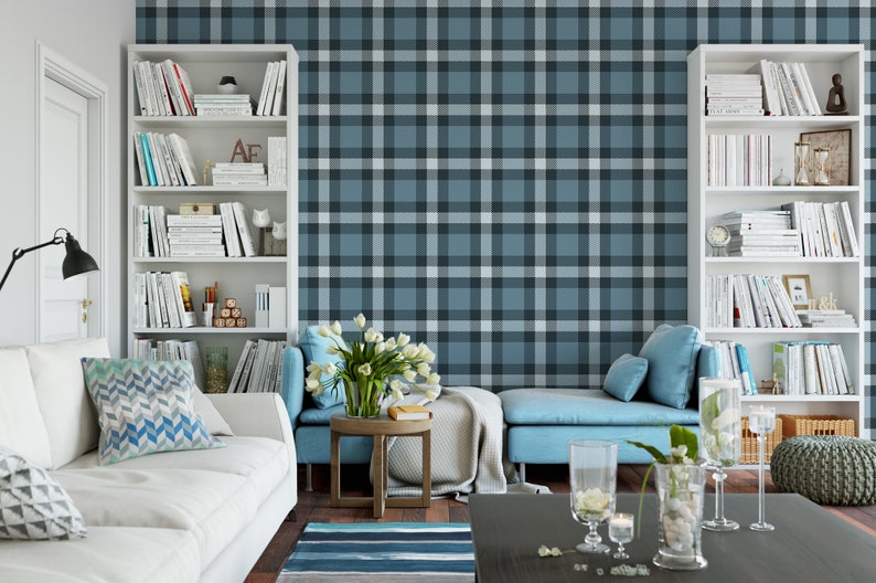 Blue Plaid Removable Wallpaper, Wall Art, Peel and Stick Wallpaper, Mural, Nursery, Room Decor, Accent Wall, MW1225 image 2