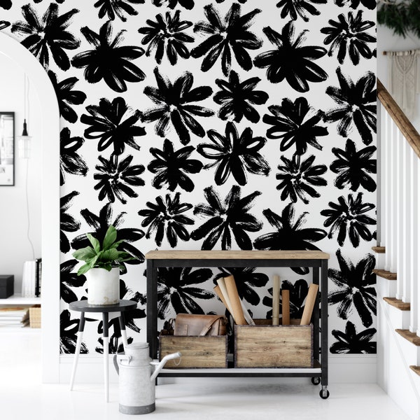 Black and White Floral Wallpaper Etsy