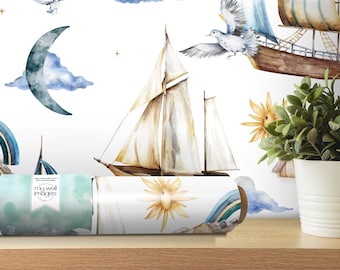Watercolor Sailboats Peel and Stick Wallpaper | Sailing Mural | Nautical Decor (MW1953)