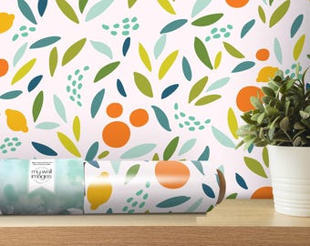 Cute Lemon and Orange Wallpaper | Peel and Stick Wall Mural | Kitchen Decor (MW1165)