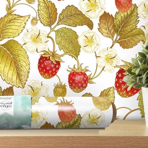Vintage Strawberry Plants, Peel and Stick Wallpaper, Removable Wallpaper, Traditional Wallpaper - Mural - Kitchen Decor, Fruit Art - MW1339