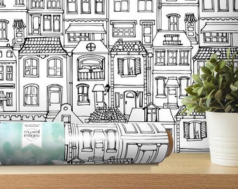 Modern Black and White House Sketches, Removable Wallpaper, Wall Art, Peel and Stick Wallpaper, Black and White House, Accent Wall, MW1472