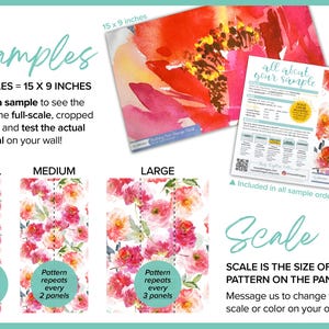 The image is a sample advertisement for a product called "SAMPLES" that allows customers to see the color, full-scale, and cropped design of the material on their wall. It also provides three different sizes of the sample, labeled as "SMALL", "MEDIUM", and "LARGE", and instructs customers to include the sample in their order for a full-scale view of the material.