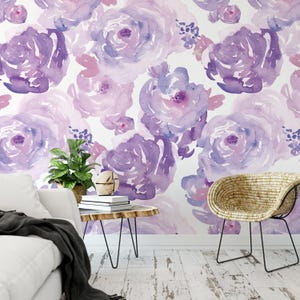 Watercolor Purple Floral Removable Wallpaper | Wall Art, Peel and Stick ...