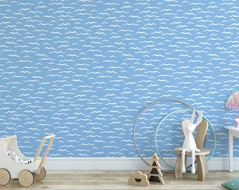 Blue Ocean Waves Removable Wallpaper, Nursery, Kids Room, Bathroom, Wall Art, Peel and Stick Wallpaper, Room Decor, Accent Wall, MW1567