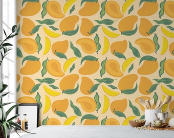 Mangoes and Leaves Removable Wallpaper, Wall Art, Peel and Stick Wallpaper,  Mural, Accent Wall Kitchen Wallpaper, MW1968