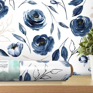Blue Floral Navy Removable Wallpaper, Wall Art, Peel and Stick Wallpaper, Wall Decor, Wall Mural, Floral Wallpaper, Accent, MW1198med