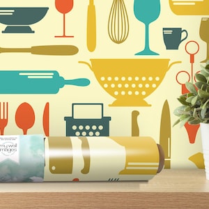 Retro Kitchen Accessories Removable Wallpaper - Wall Art, Peel and Stick Wallpaper, Kitchen Mural, Kitchen Decor, Kitchen Art, Mural, MW1311