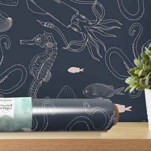 Underwater Creatures Removable Wallpaper, Wall Art, Peel and Stick Wallpaper, Squid, Ocean, Bathroom Art, Room Decor, Ocean Decor, MW1478