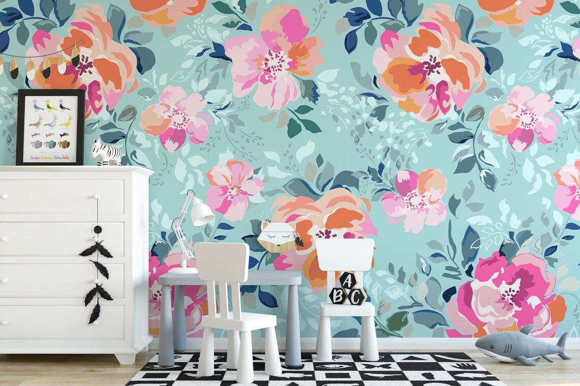 Soft Pink and Orange Floral Removable Wallpaper Peel and Etsy