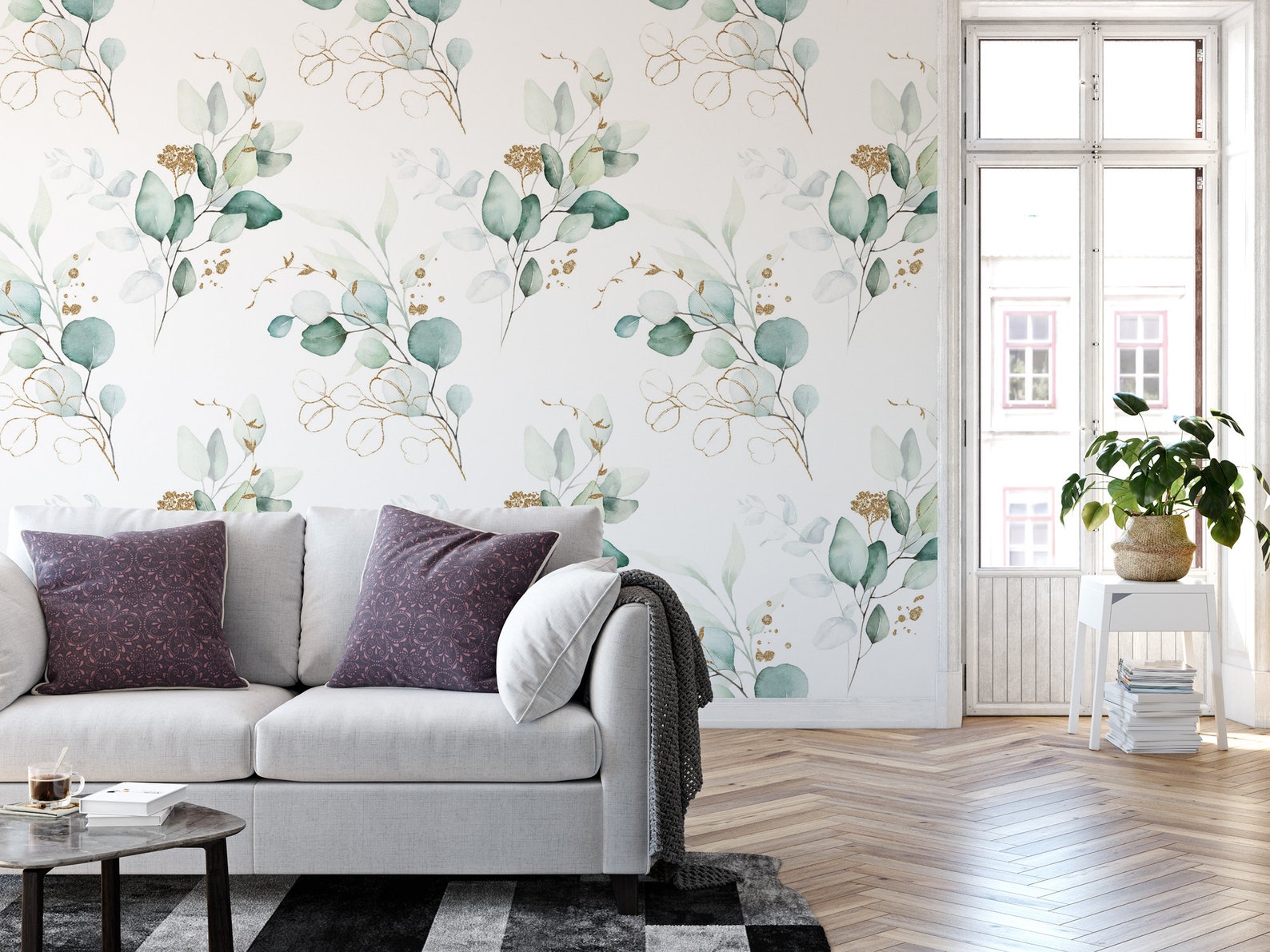 Wallpaper Peel and Stick Wallpaper Green and Gold Eucalyptus - Etsy