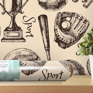 Hand Drawn Sports Themed Removable Wallpaper, Wall Art, Peel and Stick Wallpaper,  Mural, Sports Boys Room, Accent Wall, MW1252