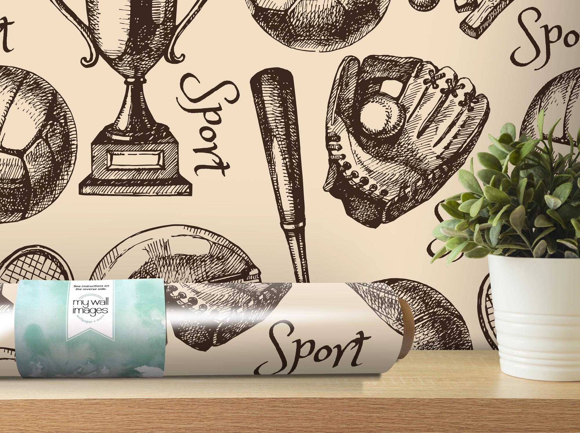 Hand Drawn Sports Themed Removable Wallpaper, Wall Art, Peel and Stick Wallpaper,  Mural, Sports Boys Room, Accent Wall, MW1252