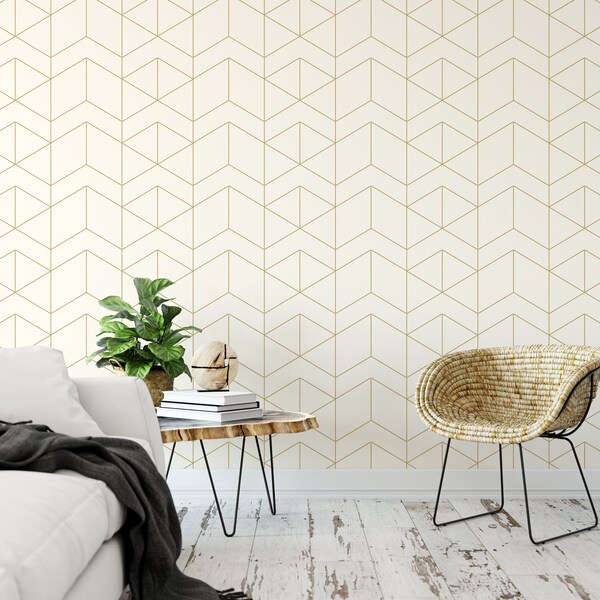 Gold Geometric Lines Removable Wallpaper, Wall Art, Peel and Stick Wallpaper, Minimalist Wallpaper, Neutral Wallpaper, Room Decor, MW1214