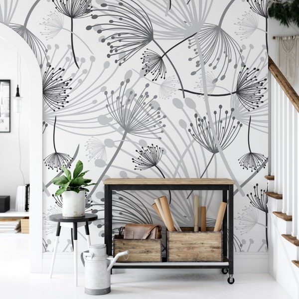 Dandelion Fluff Black and White Removable Wallpaper, Wall Art, Peel and Stick Wallpaper, Room Decor, Accent Wall, Modern Wallpaper, MW1690