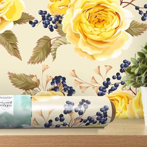 Yellow Roses Vintage Removable Wallpaper, Wall Art, Peel and Stick Wallpaper, Room Decor, Accent Wall, Blueberries, Bees, Flower, MW1331
