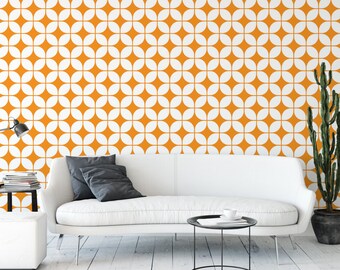 Orange & White 60's Geometric, Removable Wallpaper, Wall Art, Peel and Stick Wallpaper, Mural Room Decor, Kitchen Tile, MW1305