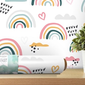 Rainbows and Hearts Removable Wallpaper, Wall Art, Peel and Stick Wallpaper, Wall Art, Nursery Decor, Girls Room, Girl Nursery Wall, MW1577