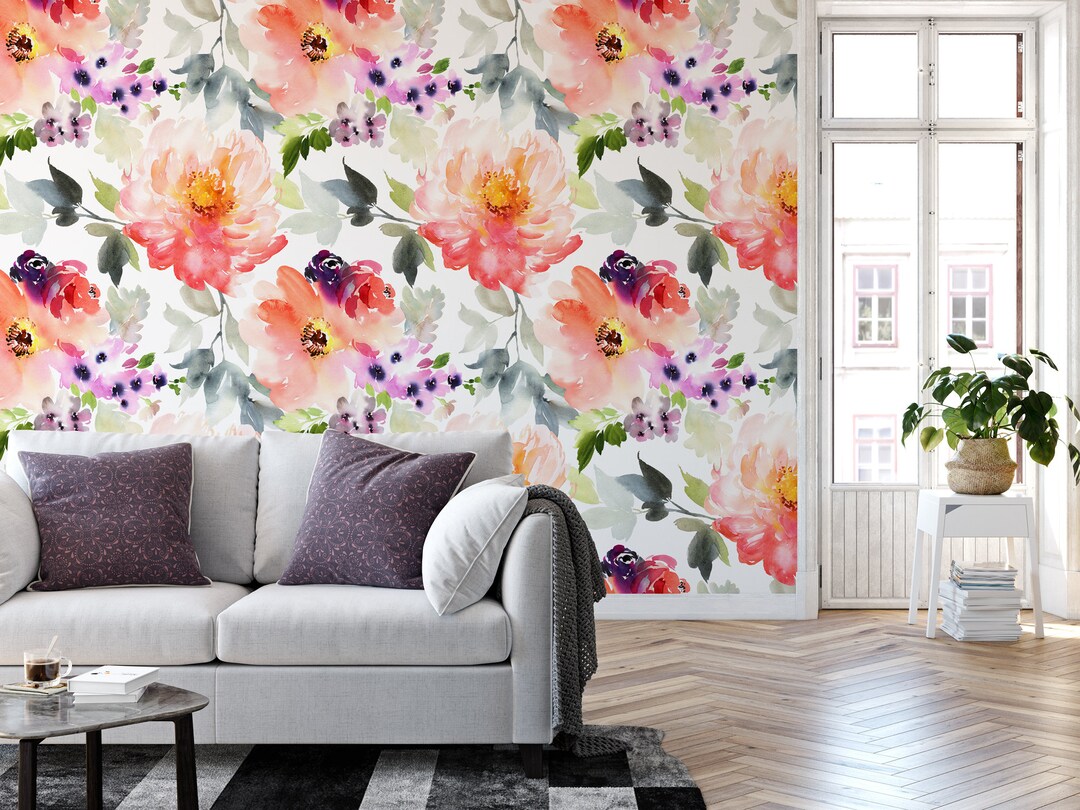 Wallpaper Peel and Stick Wallpaper Peach Peonies Purple Etsy