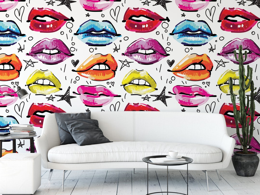 Multicolored Lips on White Removable Wallpaper, Wall Art, Peel and