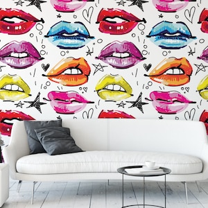 Multicolored Lips on White  Removable Wallpaper, Wall Art, Peel and Stick Wallpaper, Mural Room Decor, Accent, MW1370