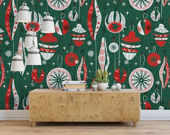 Retro Ornaments  Removable Wallpaper, Wall Art, Peel and Stick Wallpaper,  Mural, Accent Holiday Wallpaper, MW1665