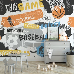 Sport Slogans Basketball Hockey Soccer Football, Removable Wallpaper, Peel and Stick Wallpaper, Sports Wallpaper, Kids Room, Accent, MW1449 image 1