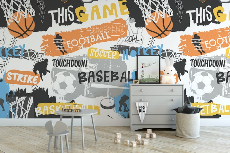 Sport Slogans Basketball Hockey Soccer Football, Removable Wallpaper, Peel and Stick Wallpaper, Sports Wallpaper, Kids Room, Accent, MW1449 image 1