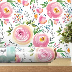 Cottagecore Watercolor Pink Floral Wallpaper - Peel and Stick Wallpaper - Home Decor - Wall Mural - Wall Art - Removable Wallpaper - MW1048
