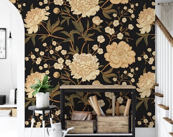 Vintage Black and Cream Floral Removable Wallpaper, Wall Art, Peel and Stick Wallpaper, Wall Decor, Mural, Accent Wall, MW1158