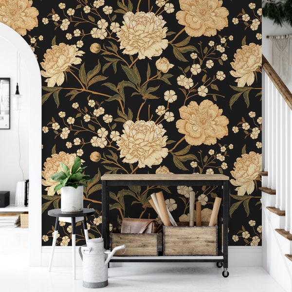 Black Floral Wallpaper - Etsy