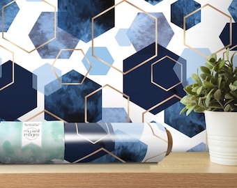 Blue Hexagons Gold Modern Wallpaper | Peel and Stick Modern Mural (MW1399)