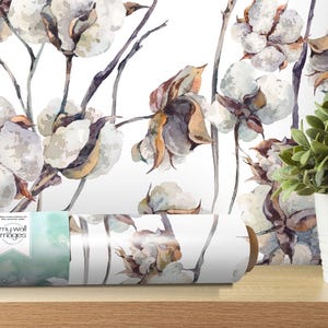 Cotton Flowers Vines Natural Removable Wallpaper, Wall Art, Peel and Stick Wallpaper, Living Room, Floral Wallpaper, Room Decor, MW1803
