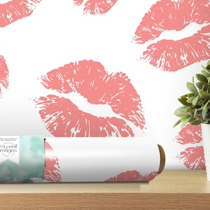 Pink Kisses Removable Wallpaper, Wall Art, Peel and Stick Wallpaper, Feminine Mural, Accent Wall, Salon Wallpaper, Salon Decor MW1300