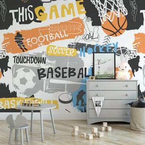 Sport Slogans Wallpaper | Basketball Hockey Soccer Football Peel and Stick Mural | Fun Sports Decor | Boys Room (MW1449)