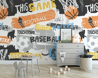Sport Slogans Wallpaper | Basketball Hockey Soccer Football Peel and Stick Mural | Fun Sports Decor | Boys Room (MW1449)