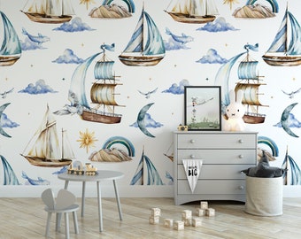 Watercolor Sailboats Removable Wallpaper, Wall Art, Peel and Stick Wallpaper,  Mural, Accent Wall Holiday Wallpaper, MW1953