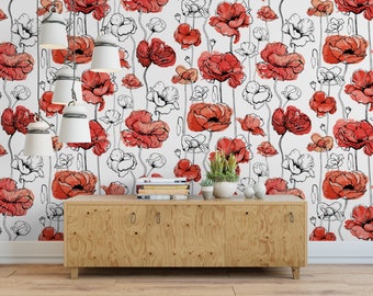 Red and White Poppies Removable Wallpaper, Wall Art, Peel and Stick Wallpaper, Mural Room Decor, Accent Wall, Office Decor, MW1833