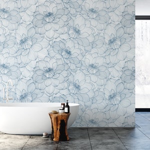 Blue Dahlia Blue and White Floral Removable Wallpaper, Wall Art, Peel and Stick Wallpaper, Nursery, Living, Modern, Accent Wall, MW1212 image 2