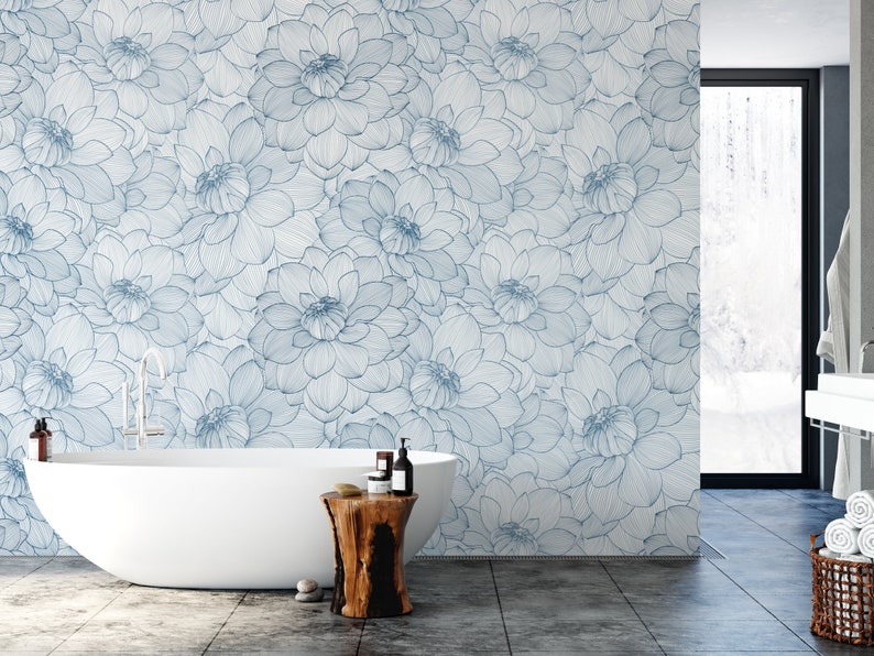 Blue Dahlia Blue and White Floral Removable Wallpaper, Wall Art, Peel and Stick Wallpaper, Nursery, Living, Modern, Accent Wall, MW1212 image 2